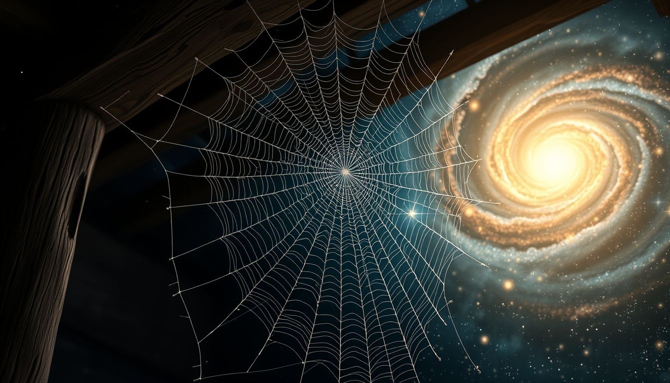 Een spinnenweb in een oud huis symboliseert verborgen herinneringen.