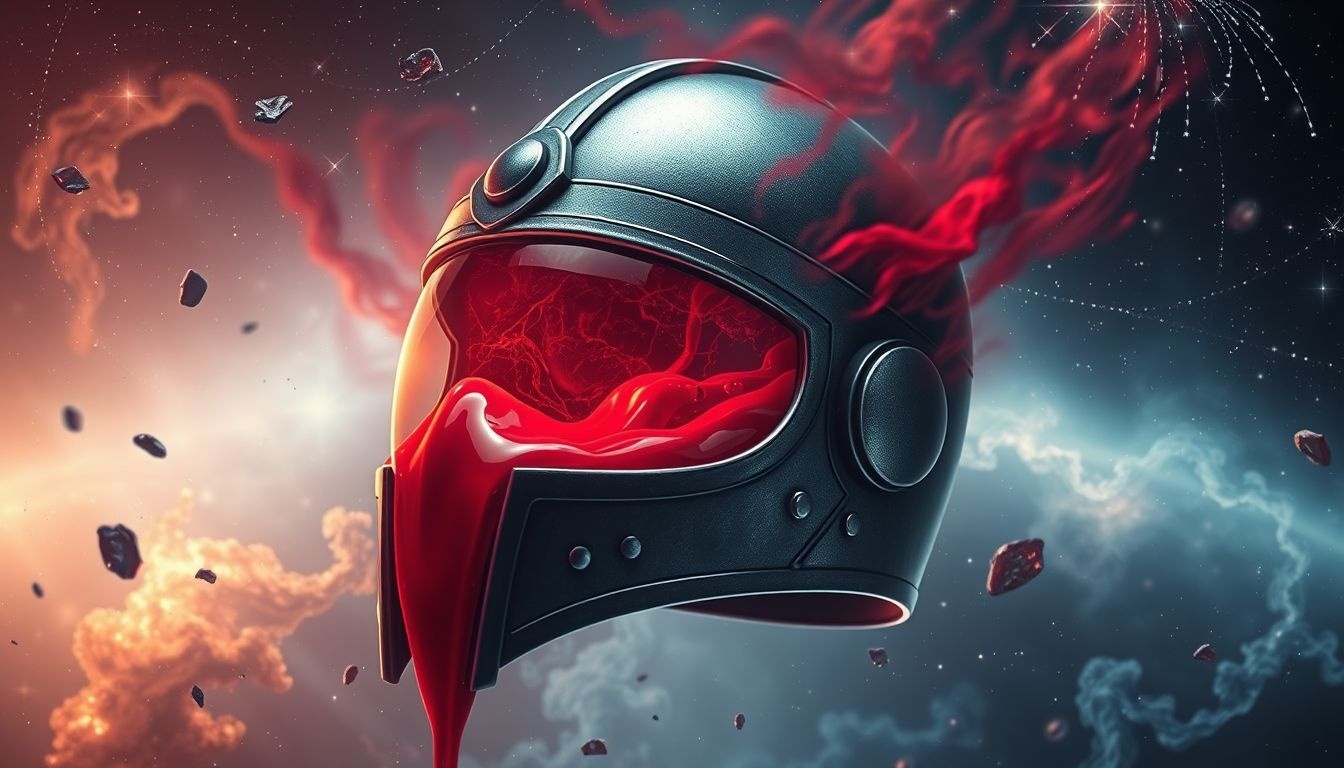 Een bloedige stalen helm symboliseert innerlijke strijd en bescherming.