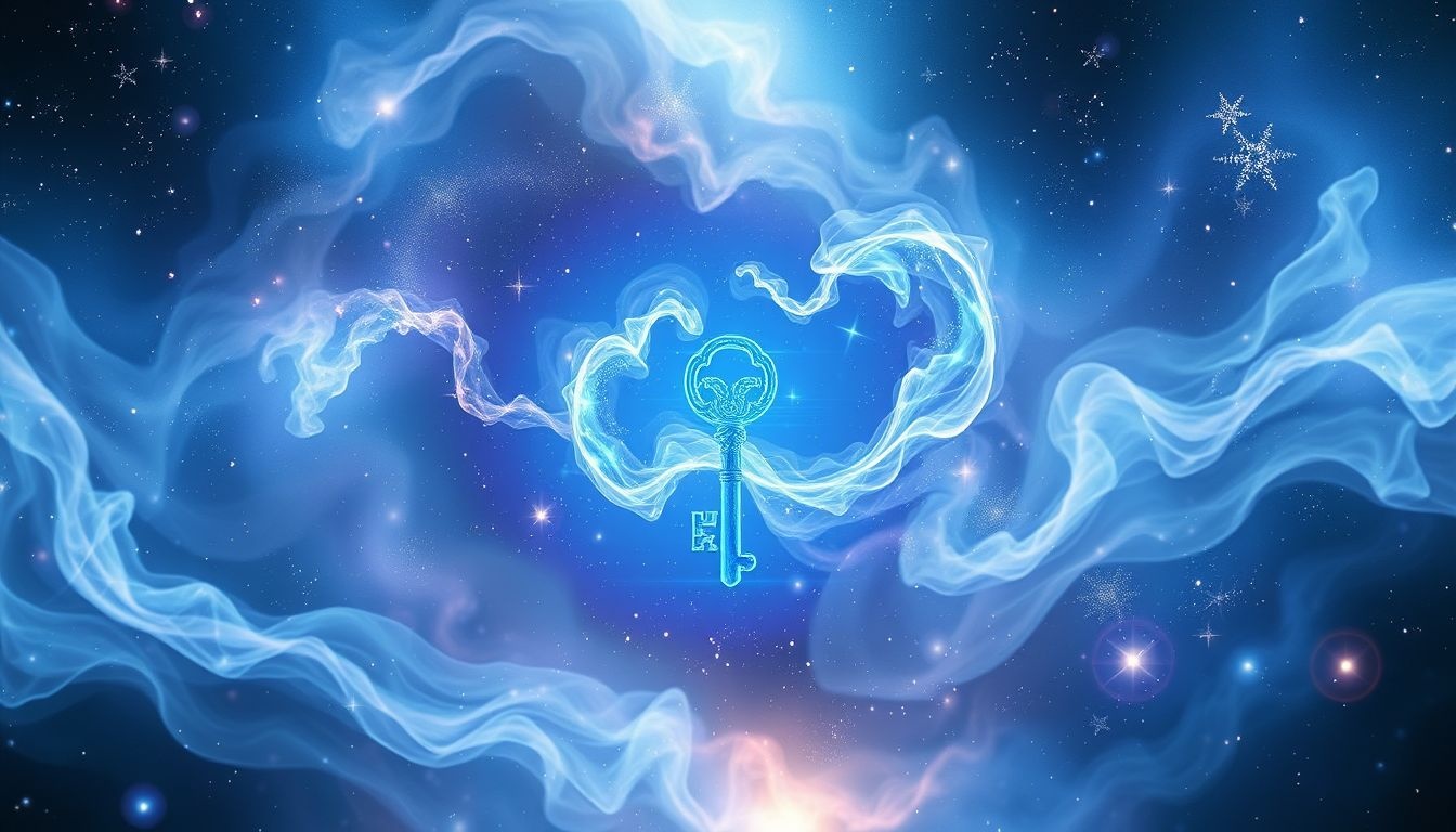 Een indigo sleutel symboliseert innerlijke wijsheid en spirituele toegang.