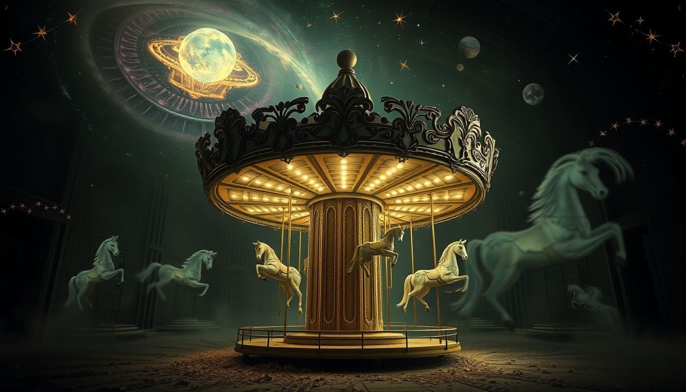 Een carrousel in een verlaten gebouw symboliseert vastzitten in het verleden.