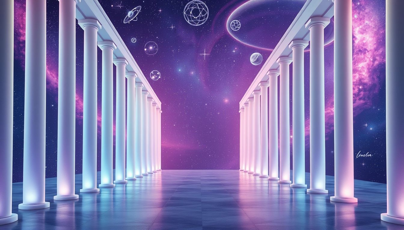 Een kleurveranderende kolonnade symboliseert innerlijke transformatie en groei.