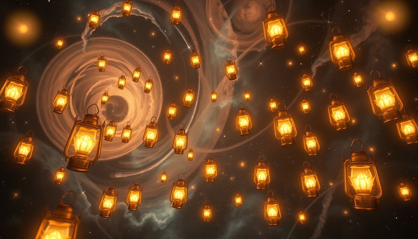 Mijnwerkerslampen symboliseren verlichting en inzicht in donkere tijden.