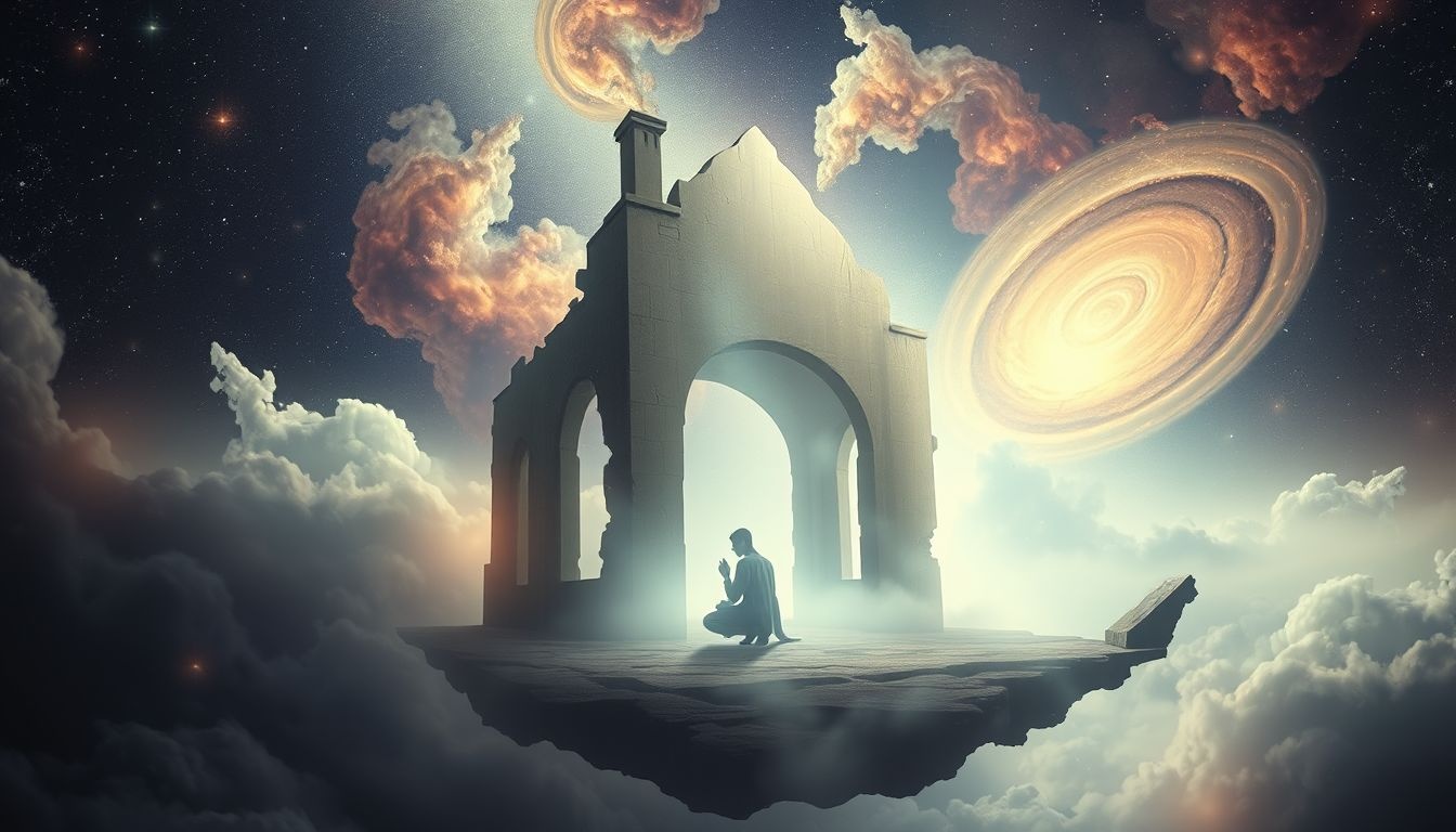 Bidden in verlaten gebouwen symboliseert zoeken naar innerlijke rust en houvast.