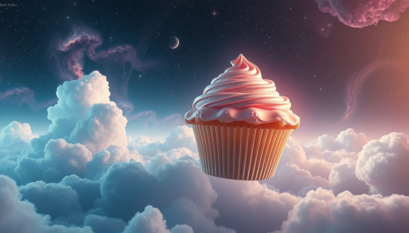 Vliegen op een gigantische cupcake symboliseert zoete vrijheid en plezier.