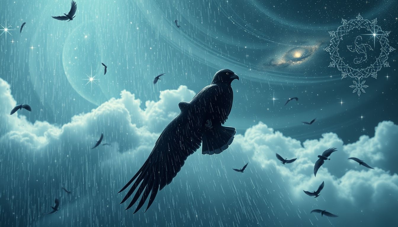 Een nachtvalk in regen symboliseert transformatie door emotionele zuivering.