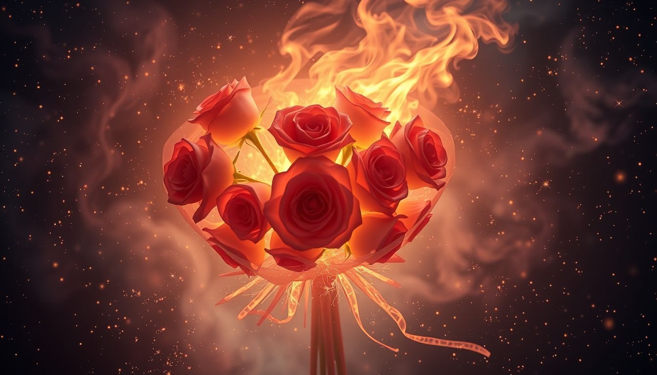 Een brandend rozenboeket symboliseert verloren liefde en intense emoties.