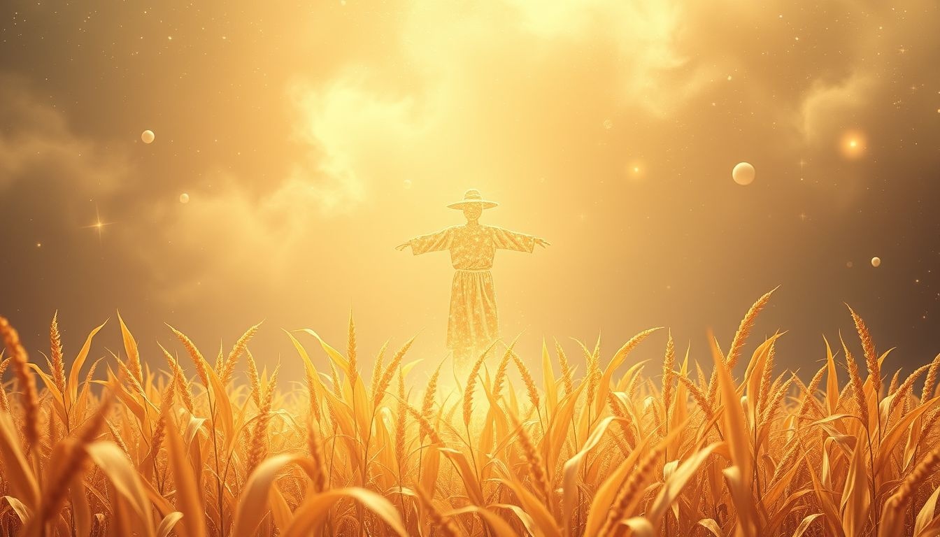 Een scarecrow symboliseert waakzaamheid en bescherming in maïsveld.