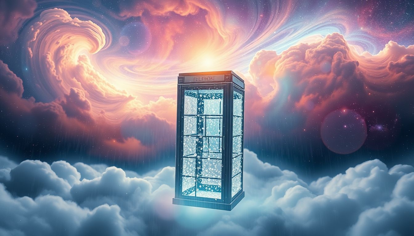 Een telefooncel in de regen symboliseert emotionele isolatie en behoefte aan verbinding.