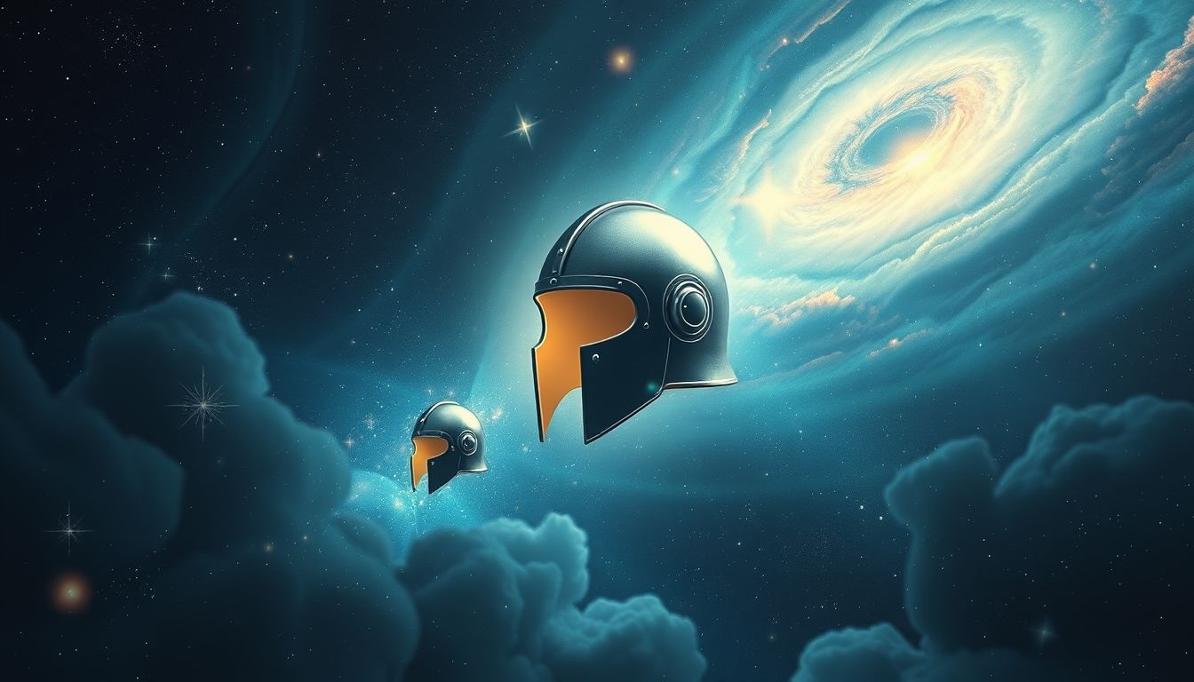 Een zwevende stalen helm symboliseert beschermende kracht en vrijheid.