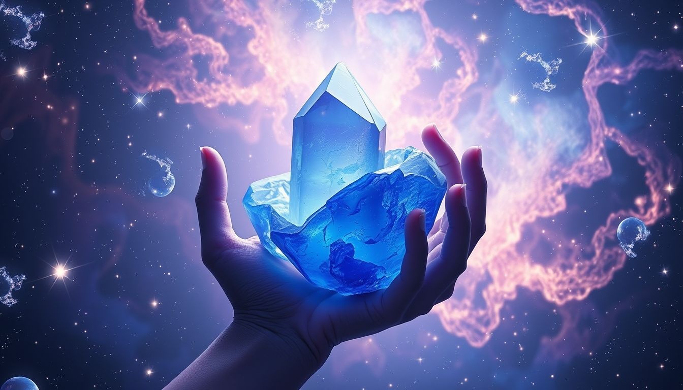 Een indigo kristal vasthouden symboliseert spirituele helderheid en kracht.