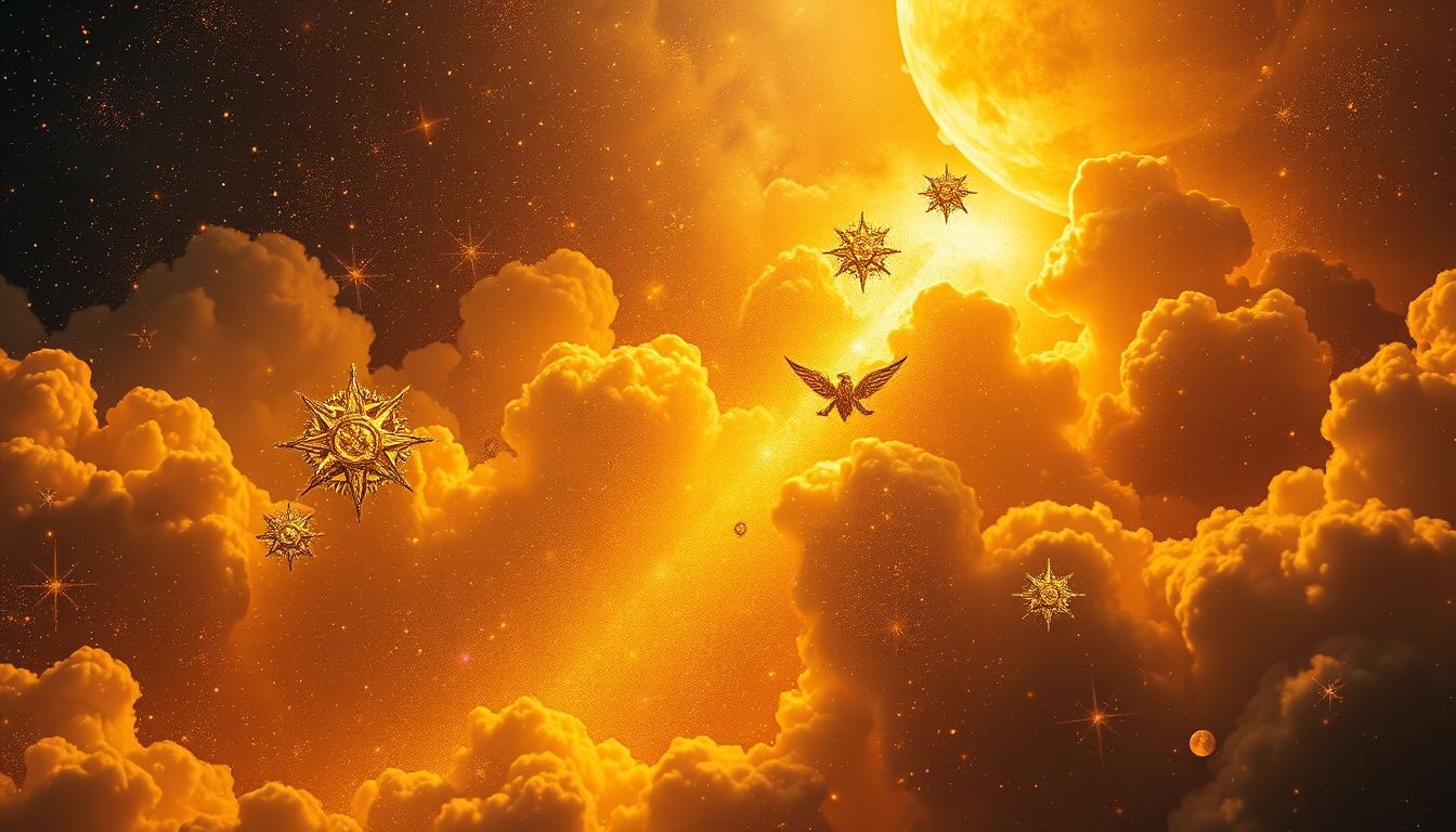 Gouden stof symboliseert rijkdom wanneer gecombineerd met spirituele symbolen.