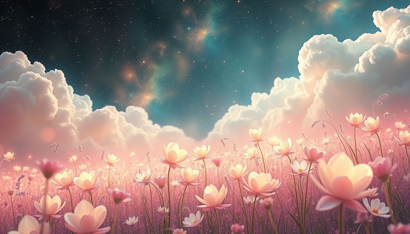 Een veld vol bloemen symboliseert groei, vreugde en innerlijke rust.