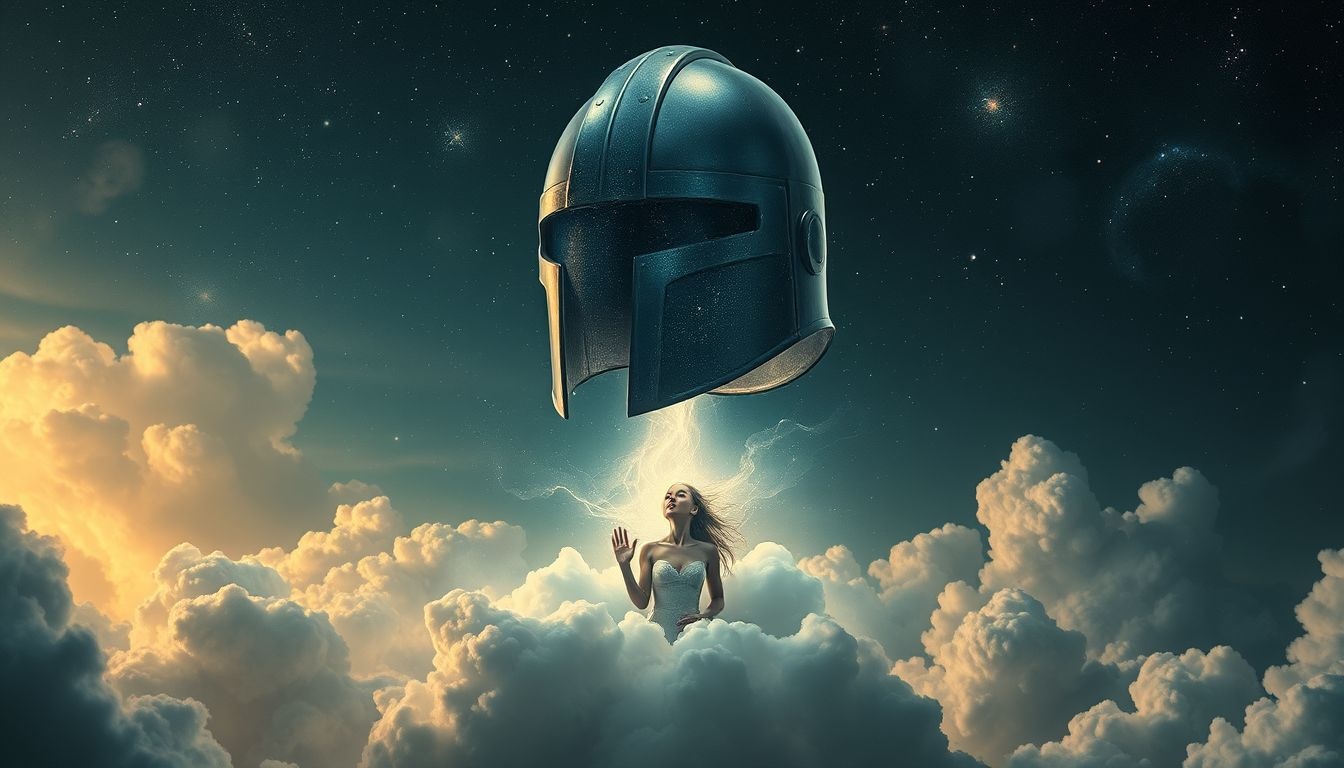 Een te grote stalen helm symboliseert onzekerheid en onbeschermdheid.