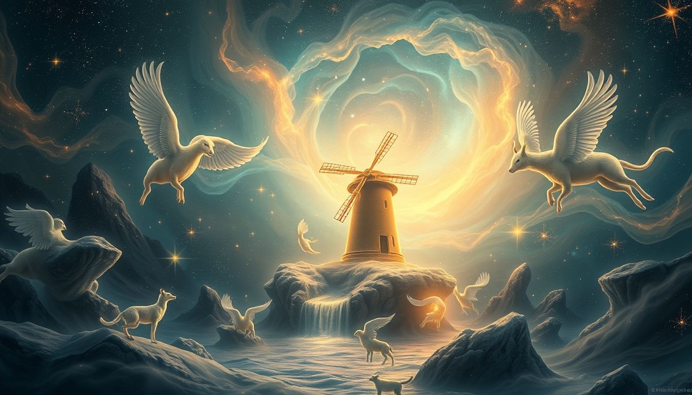 Een handmolen omringd door dieren symboliseert natuurlijke creativiteit en balans.