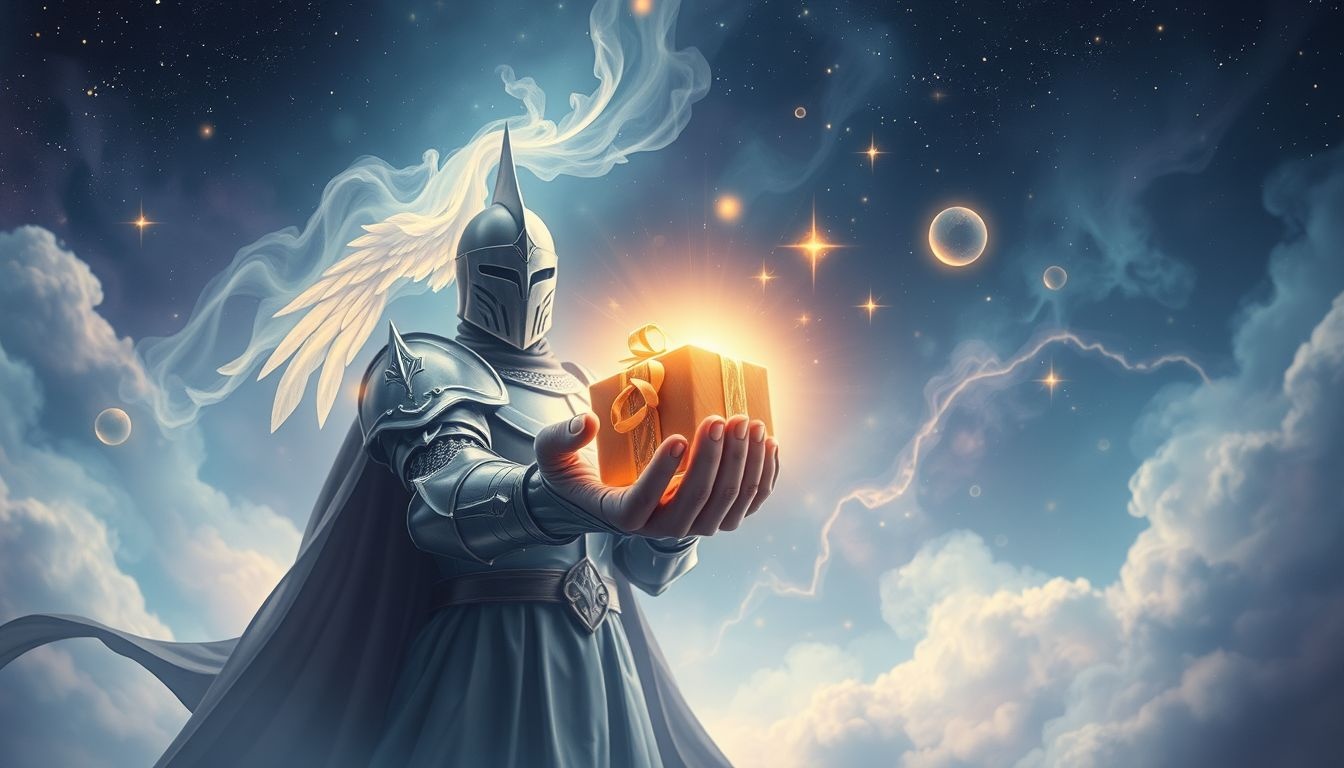 Een ridder die een cadeau geeft, symboliseert onverwachte beschermers.