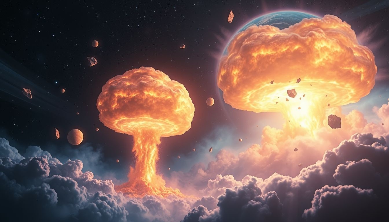 Een nucleaire explosie symboliseert radicale transformatie en innerlijk conflict.