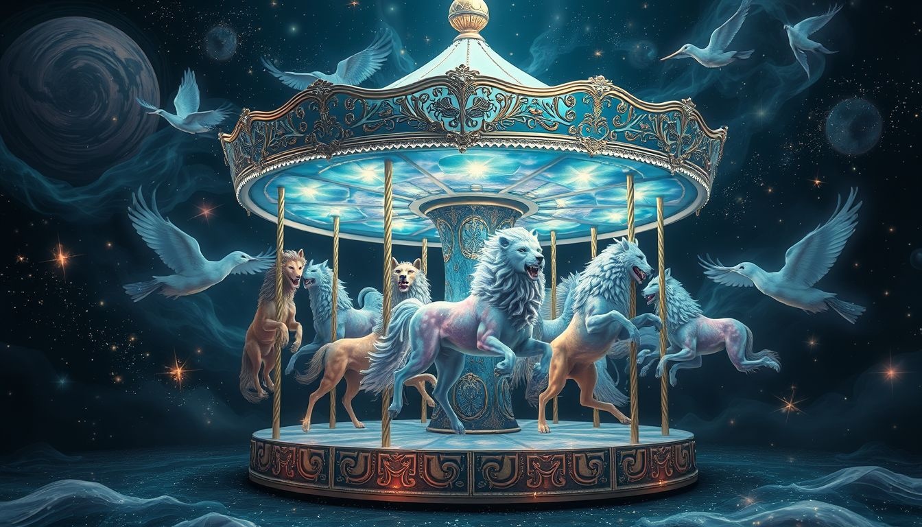 Een carrousel met wilde dieren symboliseert ongetemde levensenergieën.