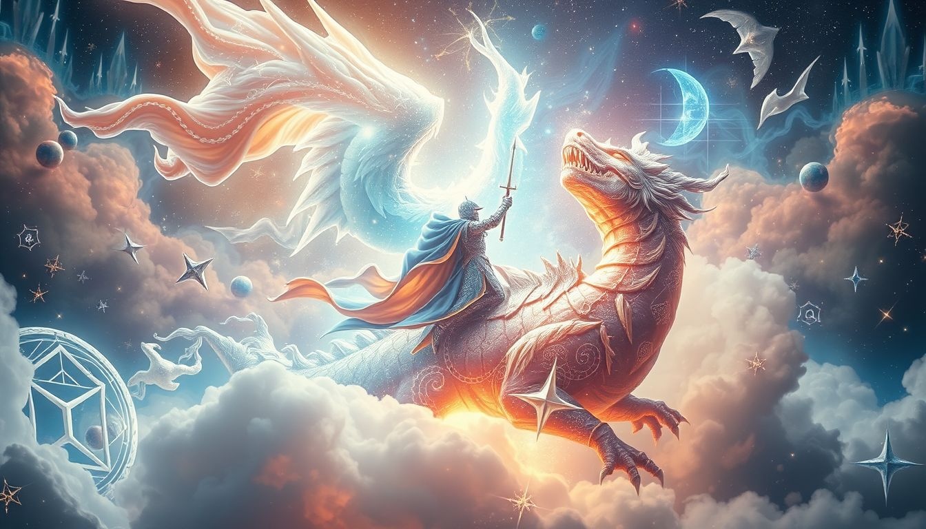 Een ridder die een draak verslaat symboliseert overwinning op angsten.