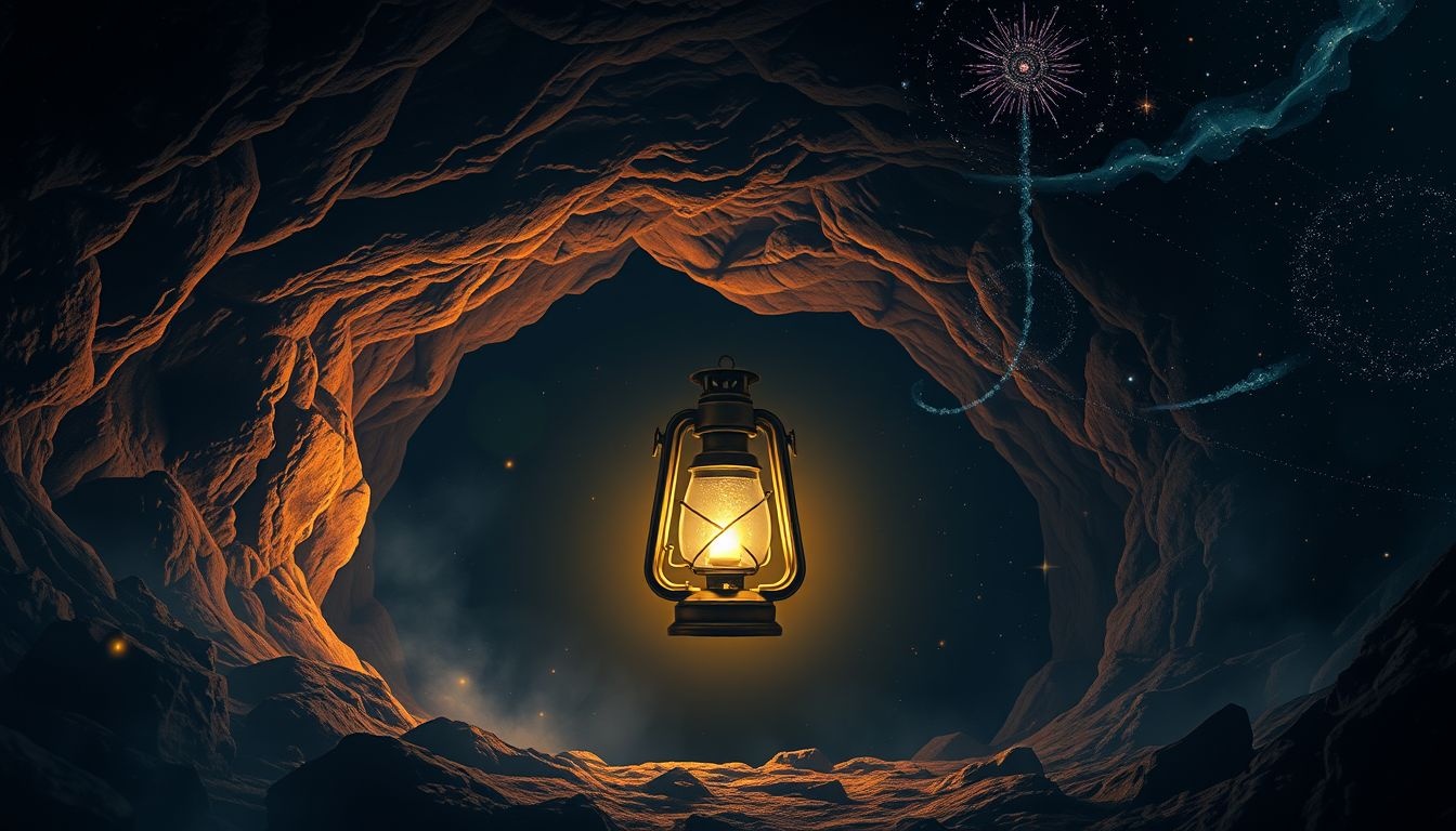 Een mijnwerkerslamp buiten de mijn symboliseert hoop en inzicht.