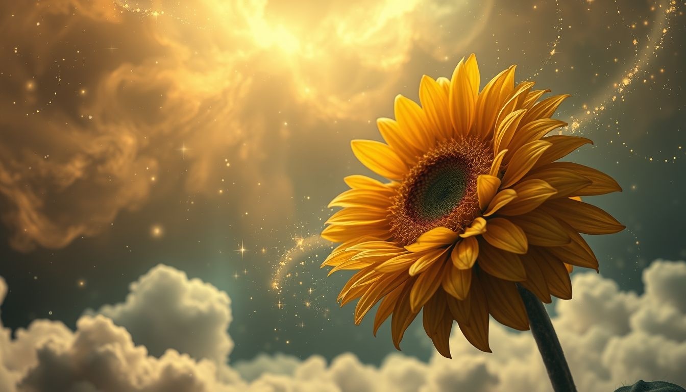 Een verwelkende zonnebloem symboliseert verloren hoop en verandering.