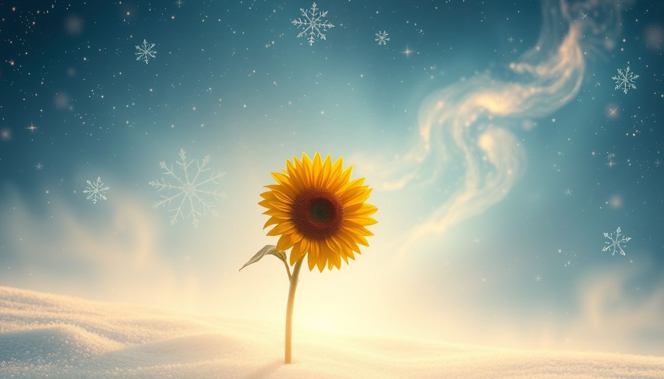 Een zonnebloem in winter symboliseert hoop en innerlijke veerkracht.