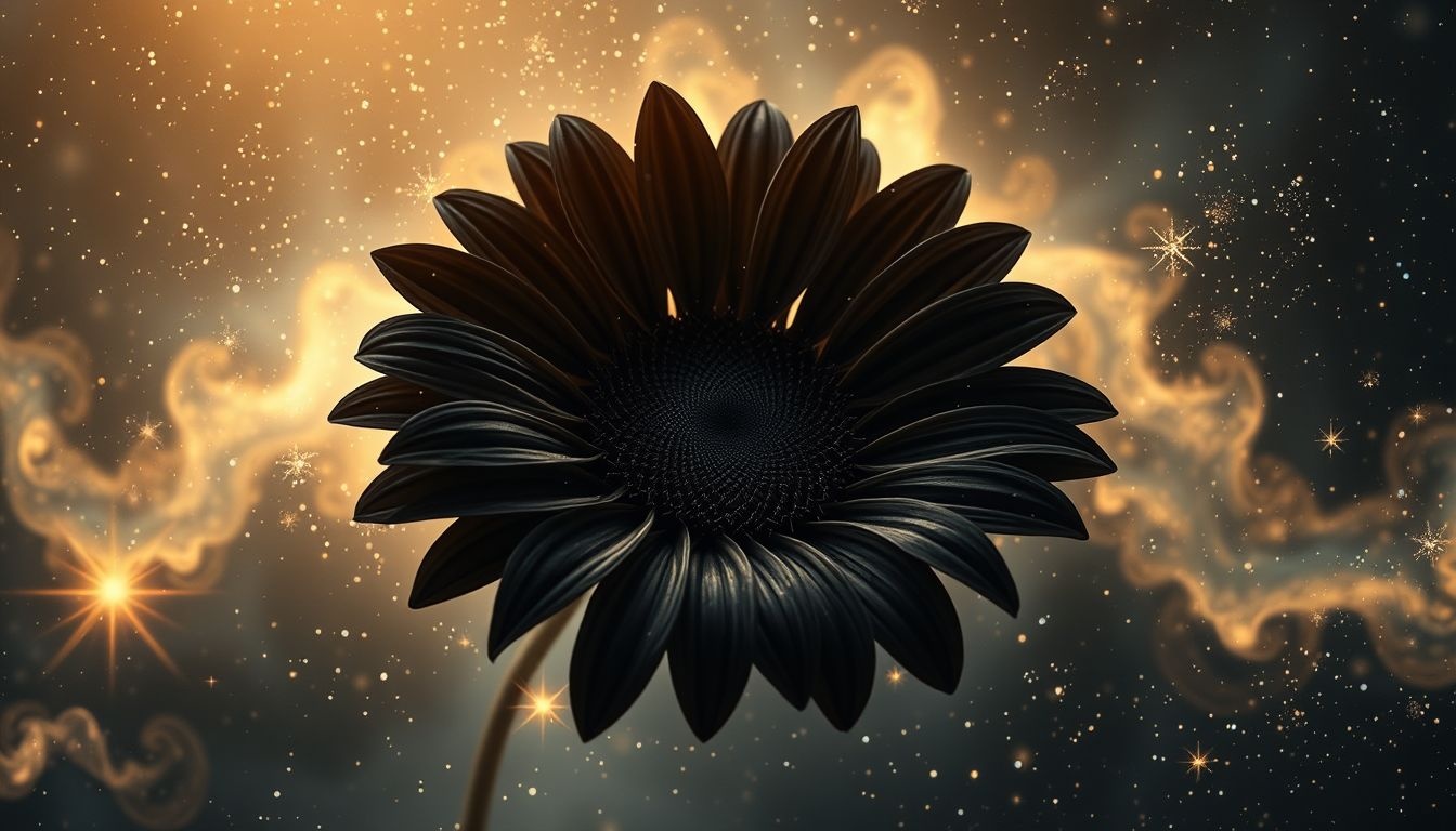 Een zwarte zonnebloem symboliseert mysterieuze transformatie en diepe emoties.