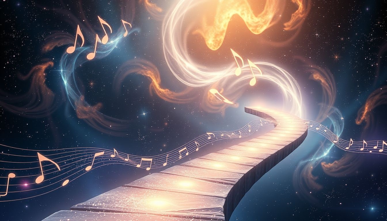 Een trotoir met muziek symboliseert harmonie en levenspad in dromen.