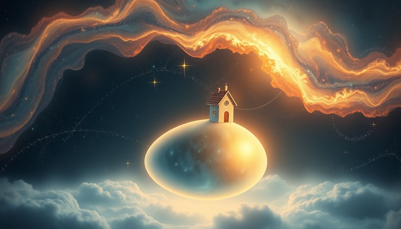 Een voetheuvel met huis symboliseert veilig thuis en innerlijke rust.