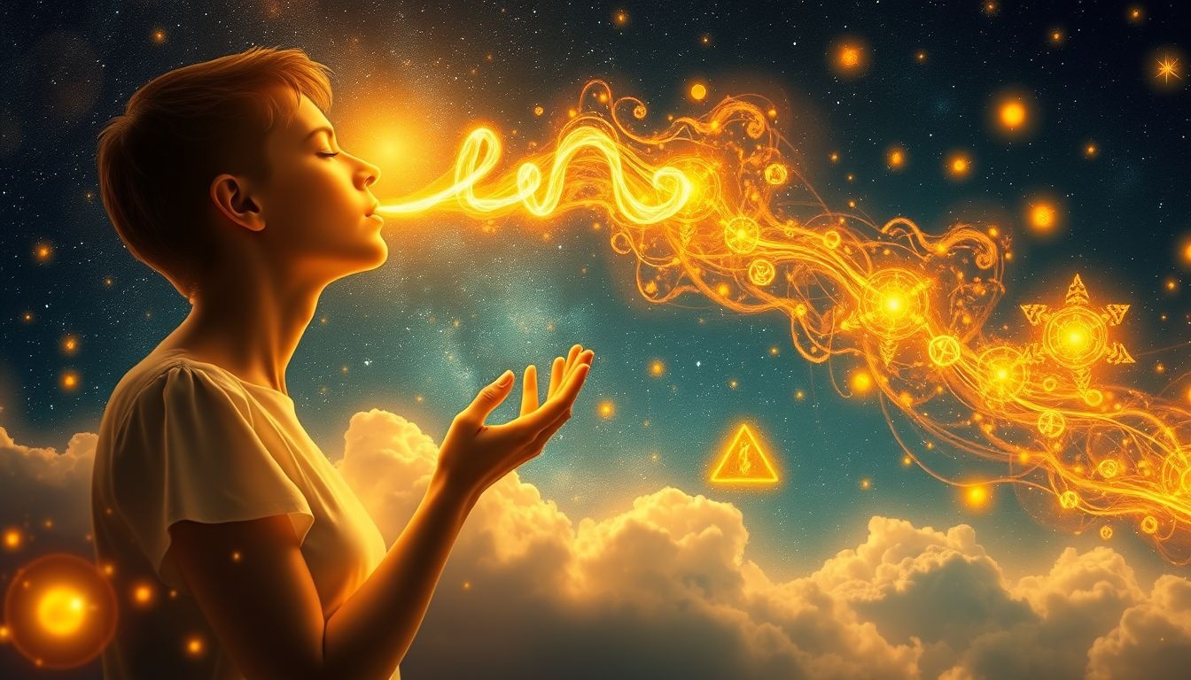 Inademen van gouden lucht symboliseert overvloed en welvaart in dromen.