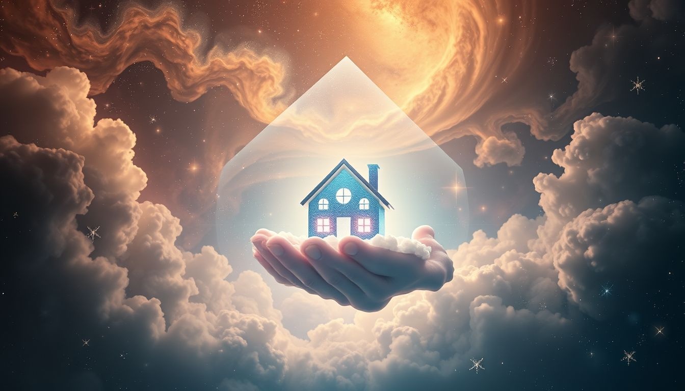 Omlaag kijken naar een huis symboliseert veilig thuiskomen en geborgenheid.