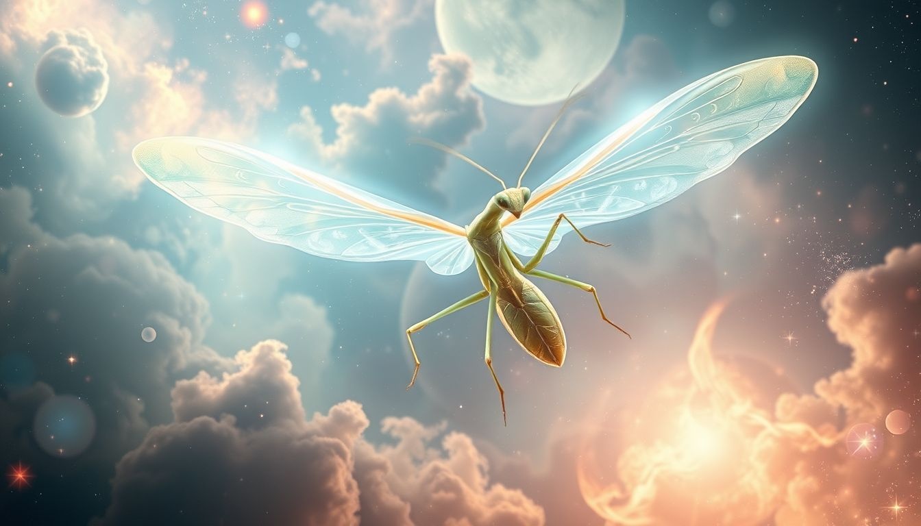 Een vliegende bidsprinkhaan symboliseert onverwachte vrijheid en transformatie.