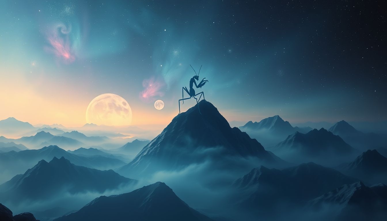 Dromen over bidsprinkhaan in bergen symboliseert spirituele groei en bescherming.