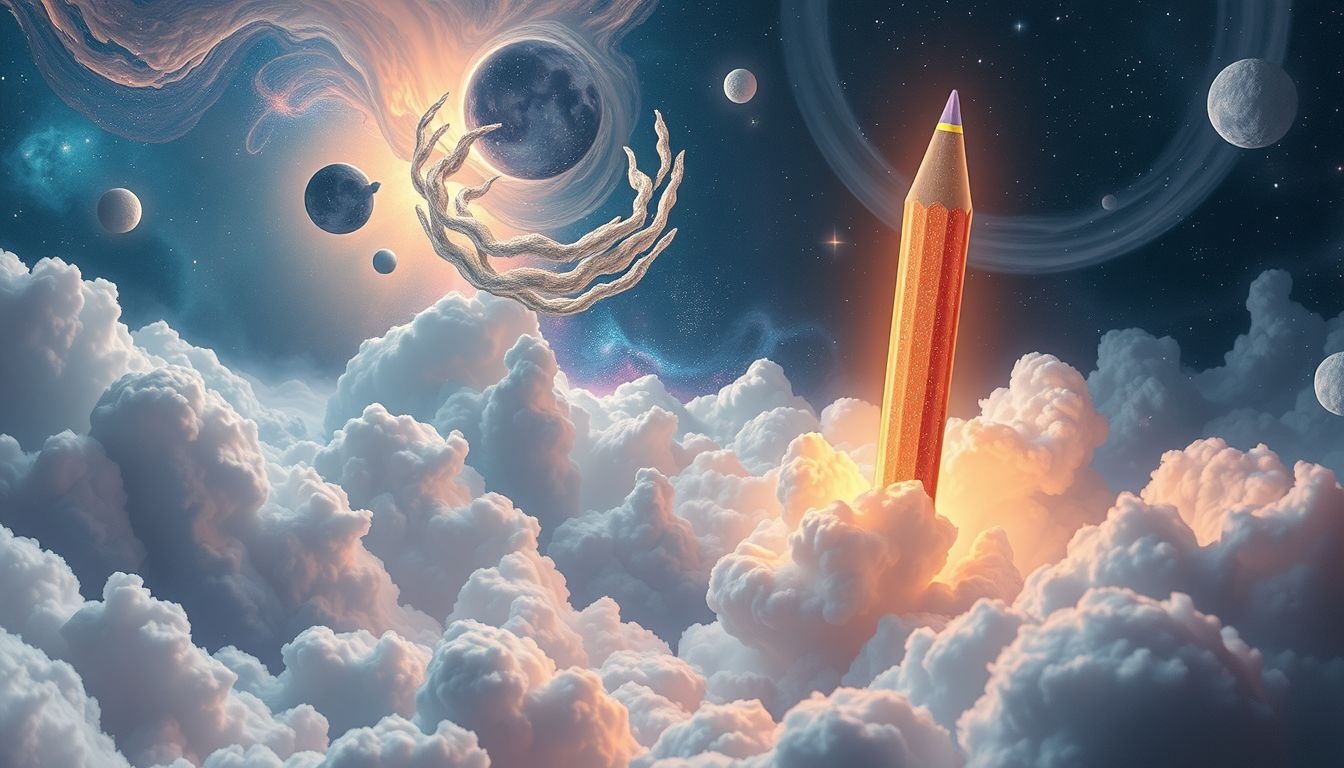 Een gigantisch kleurpotlood symboliseert creatieve kracht en onvervulde dromen.