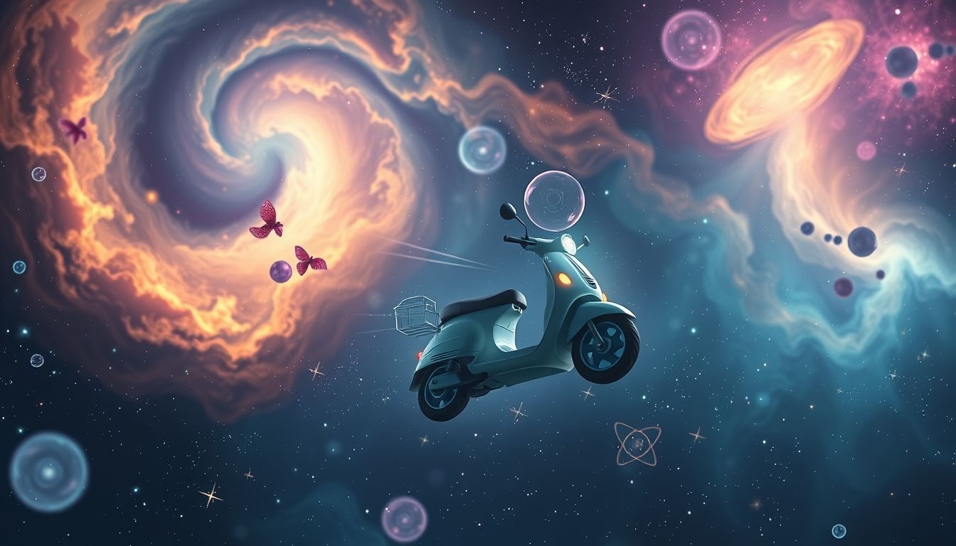 Vliegen op een scooter symboliseert vrijheid en nieuwe levensmogelijkheden.