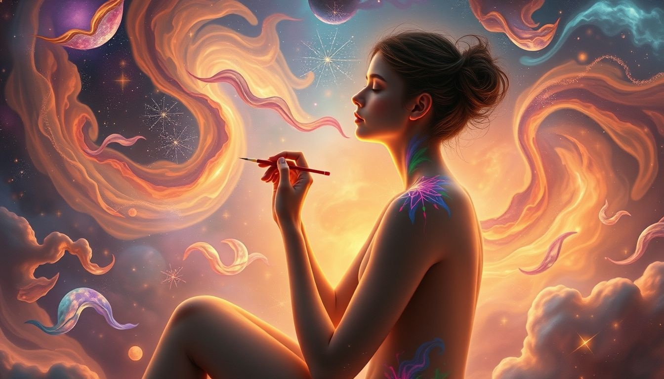 Jezelf bodypainten symboliseert zelfexpressie en innerlijke transformatie.