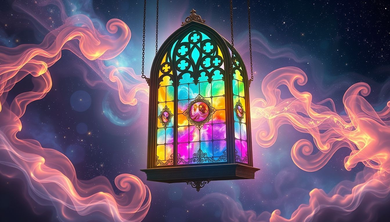 Een kleurveranderend glasraam symboliseert emotionele transformatie en groei.