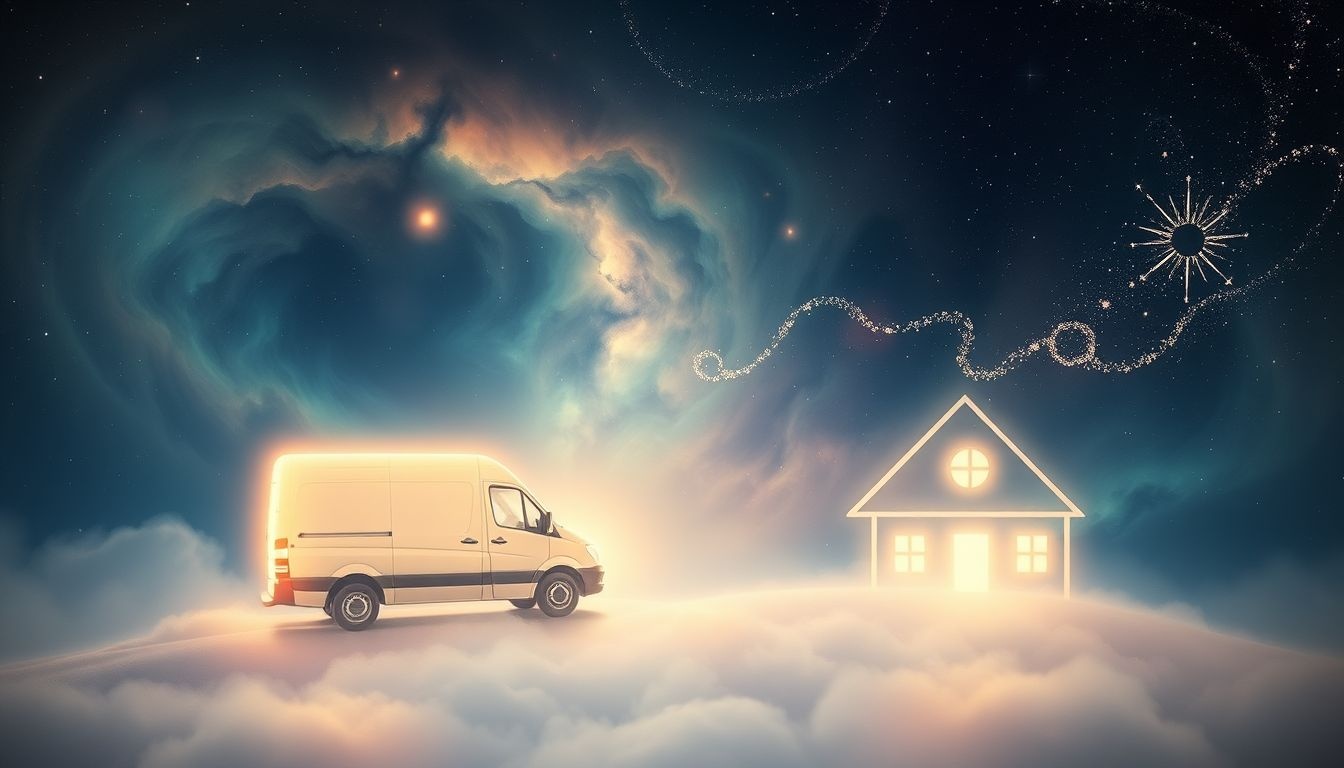 Een verhuiswagen bij ouderlijk huis symboliseert nieuwe levensfase starten.