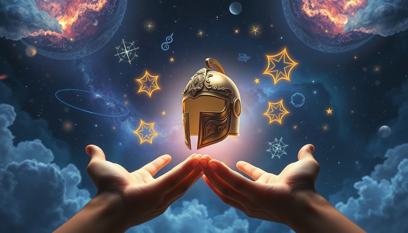 Een gehelmde helm verkopen symboliseert loslaten van bescherming en controle.