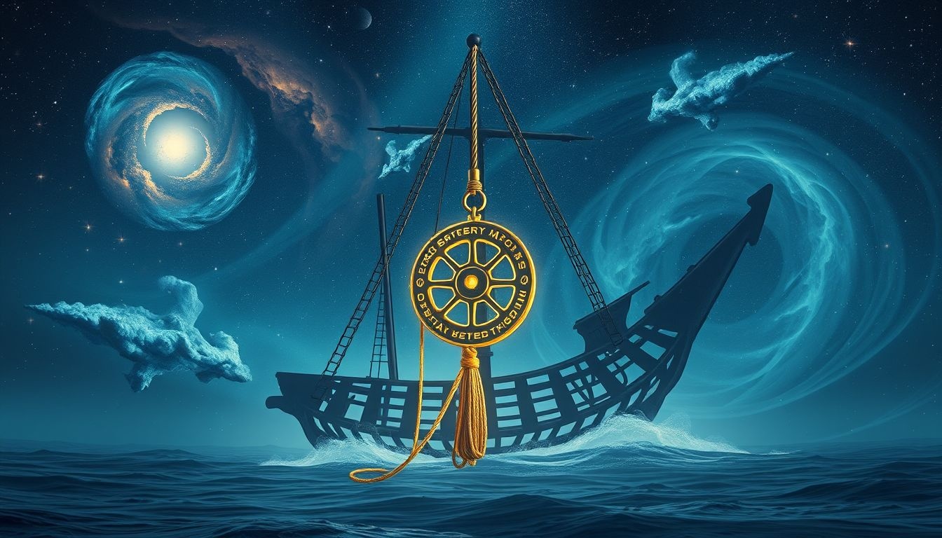 Een katrol in een schip symboliseert kracht en gecontroleerde beweging.