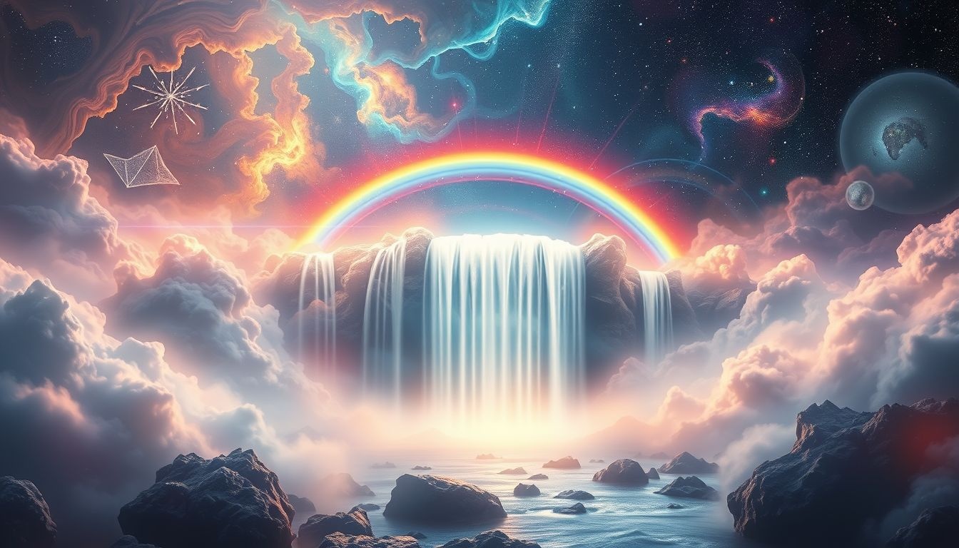 Een waterval met regenboog symboliseert hoop en innerlijke transformatie.