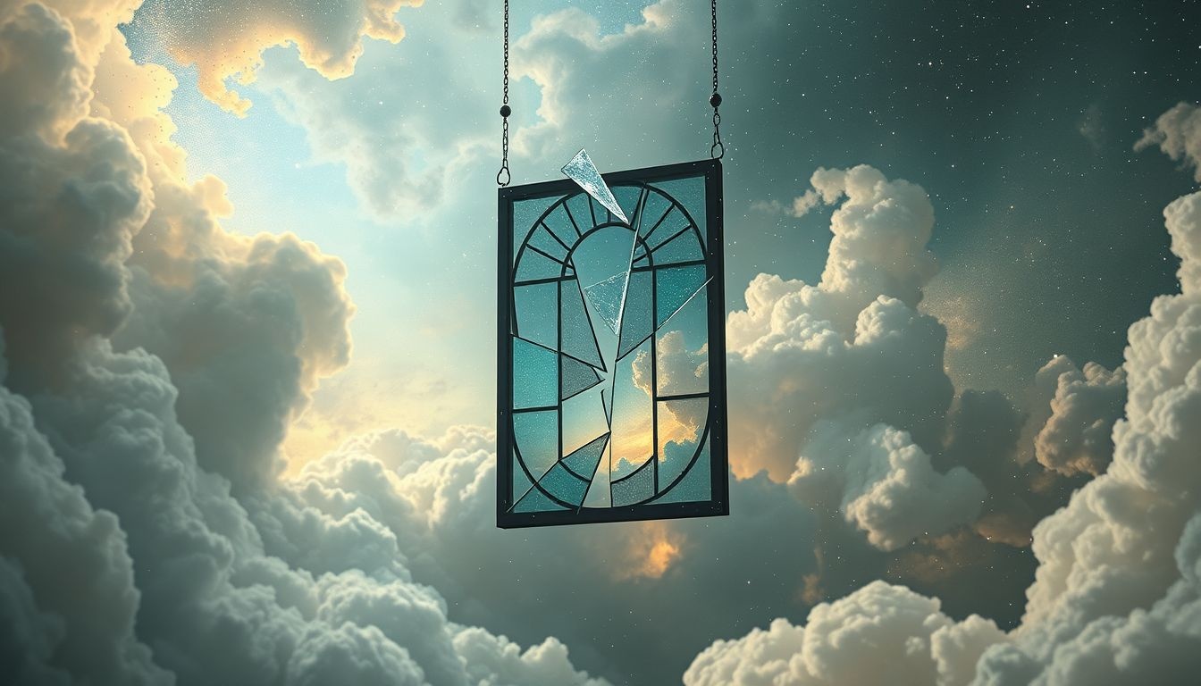 Een gebroken glasraam symboliseert kwetsbaarheid en verloren idealen in dromen.