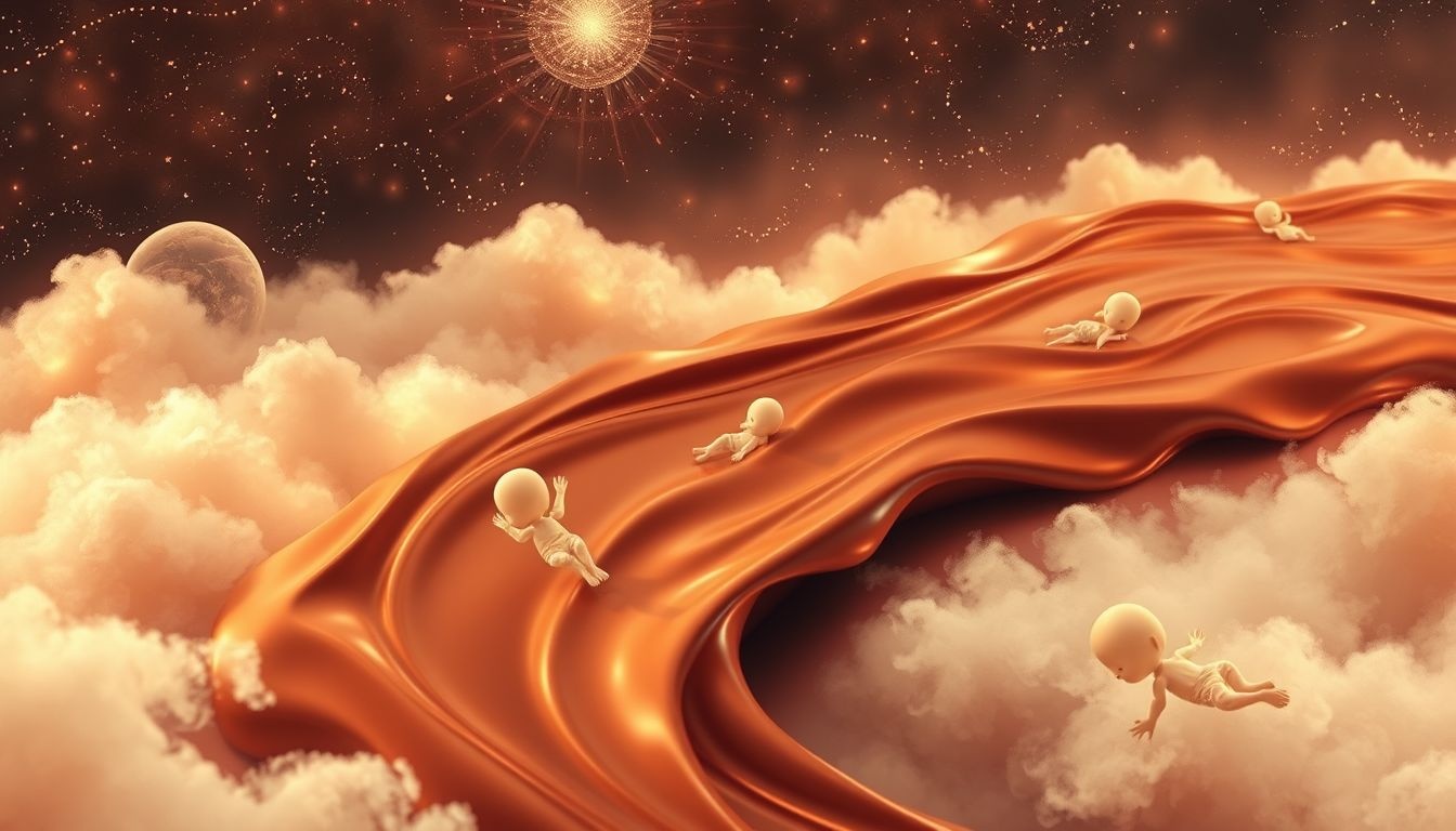 Zwemmen in chocoladerivier symboliseert overvloed en zoete verleiding.