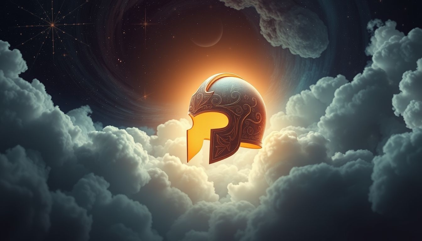 Een zwevende gehelmde helm symboliseert bescherming en verborgen kracht.