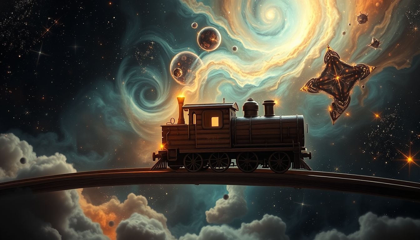 Een houten locomotief symboliseert nostalgie en onvervulde verlangens.