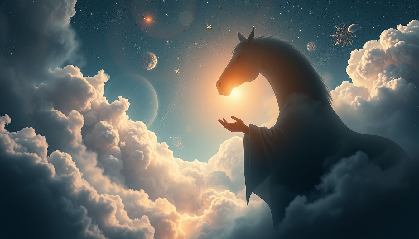 Een paardenhandelaar met een hond symboliseert loyaliteit en handel.