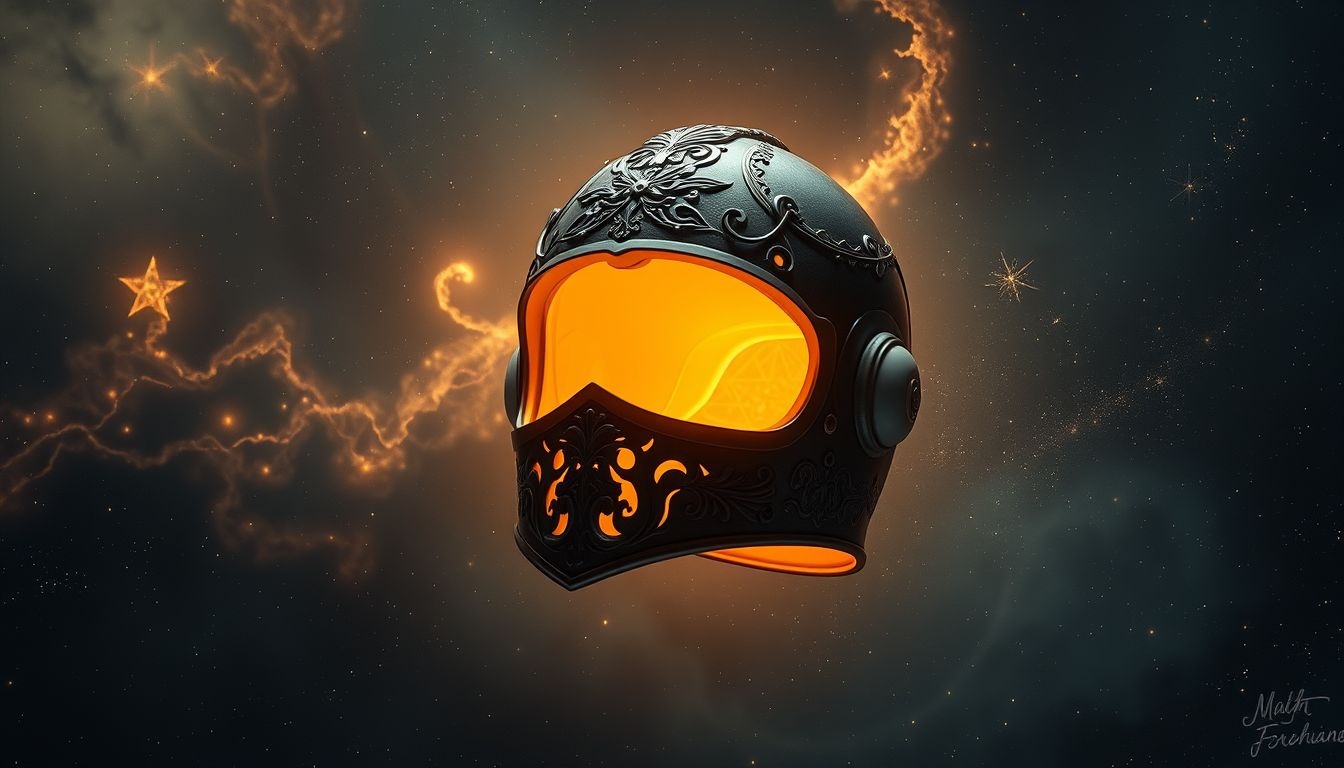 Een gehelmde helm vol licht symboliseert innerlijke kracht en helderheid.