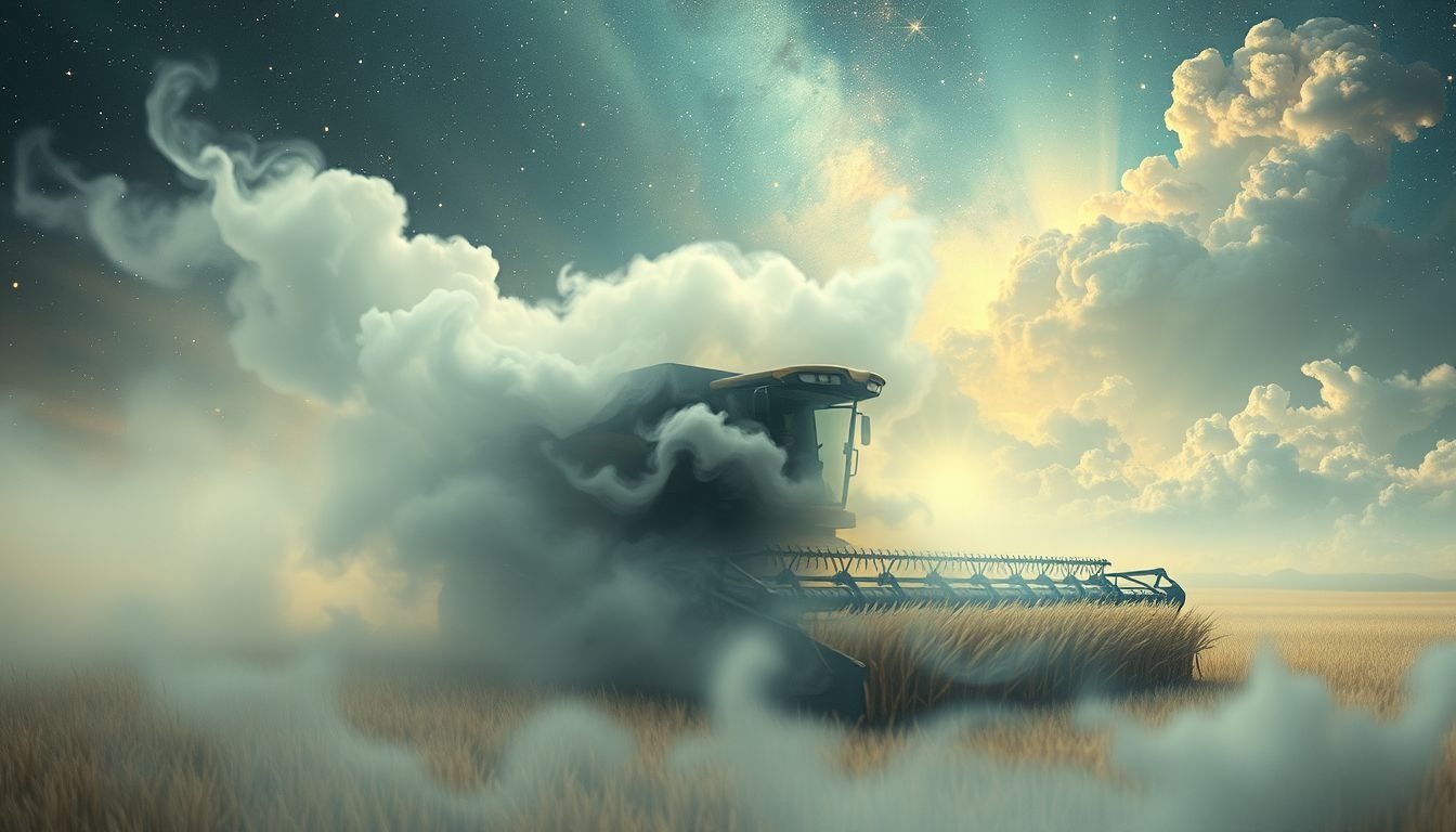 Een graanmaaier die in mist verdwijnt symboliseert verloren kansen.