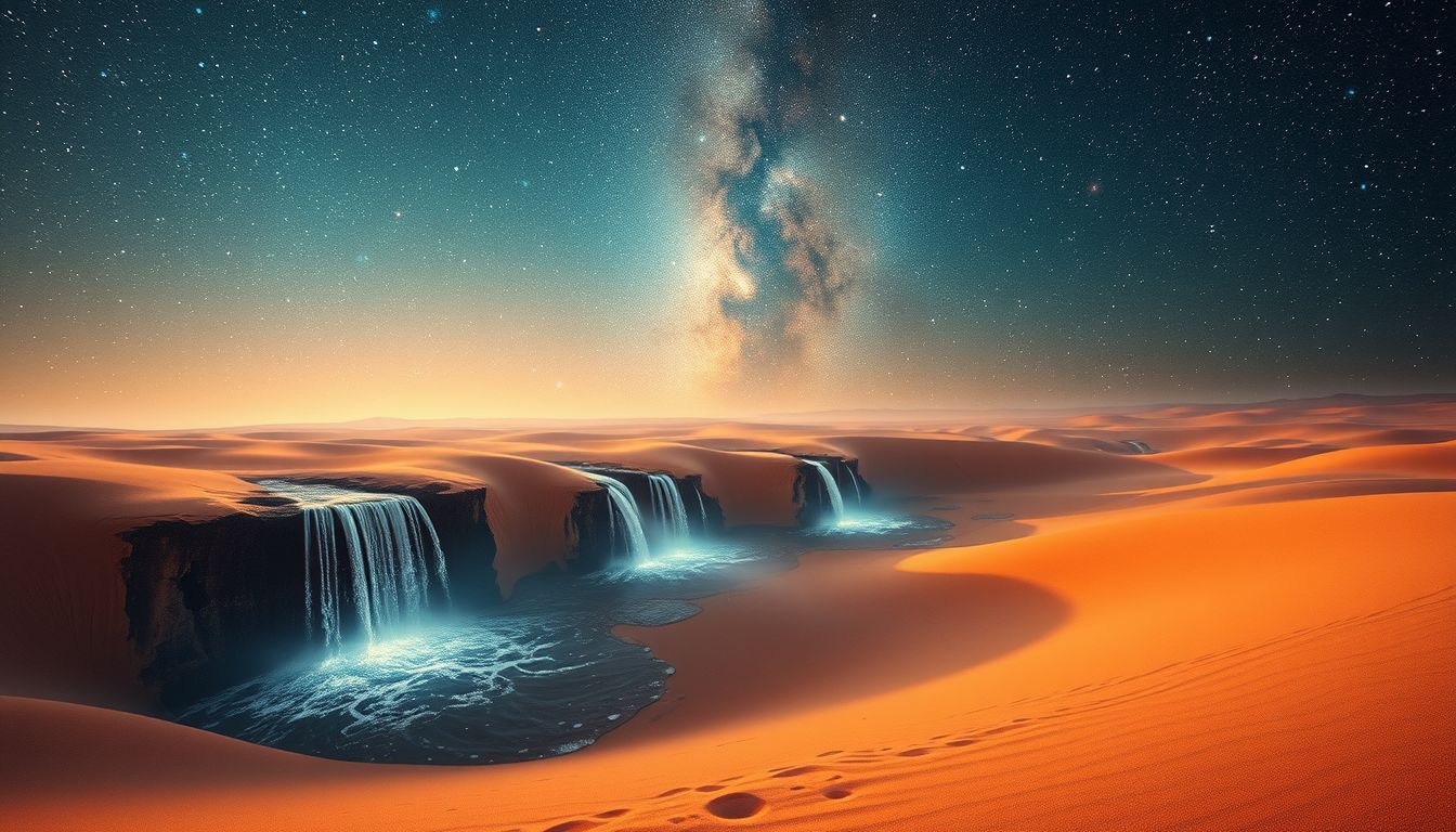 Een waterval in de woestijn symboliseert onverwachte hoop en transformatie.