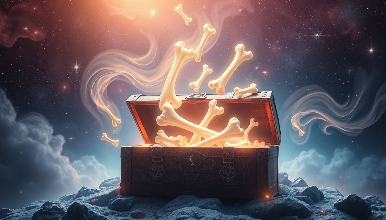 Een openbarstende beenderenkist symboliseert het onthullen van verborgen waarheden.