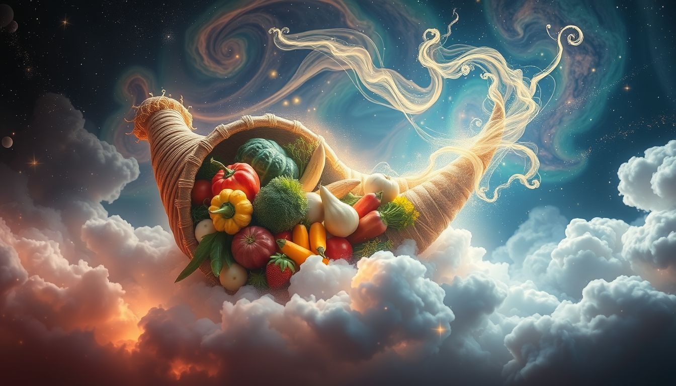 Een hoorn des overvloeds met groenten symboliseert gezondheid en voorspoed.